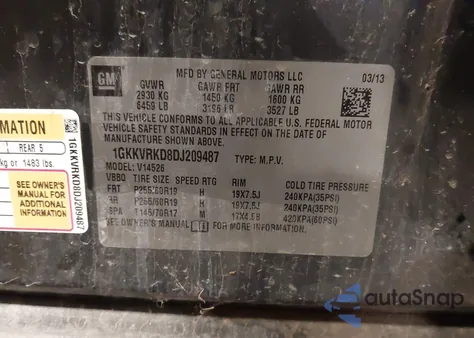 2013 GMC Acadia Slt-1 z USA, uszkodzony, nr VIN 1GKKVRKD8DJ209487